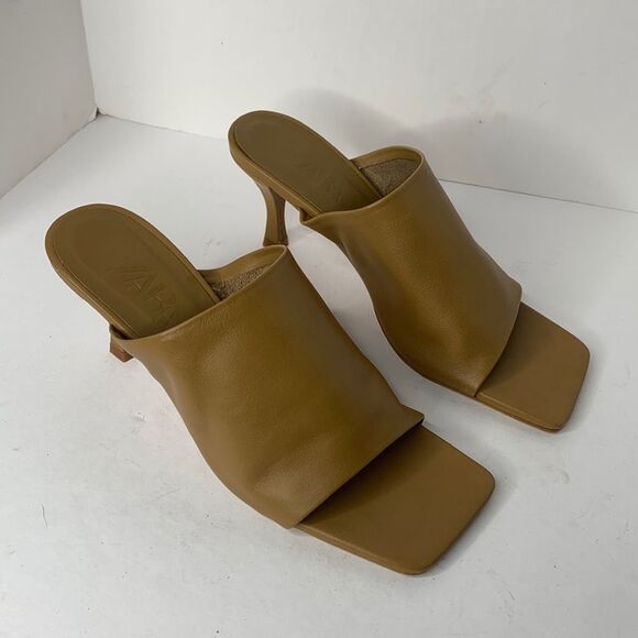 Zara soft tan leather square toe mules NWOB - Picture 1 of 9